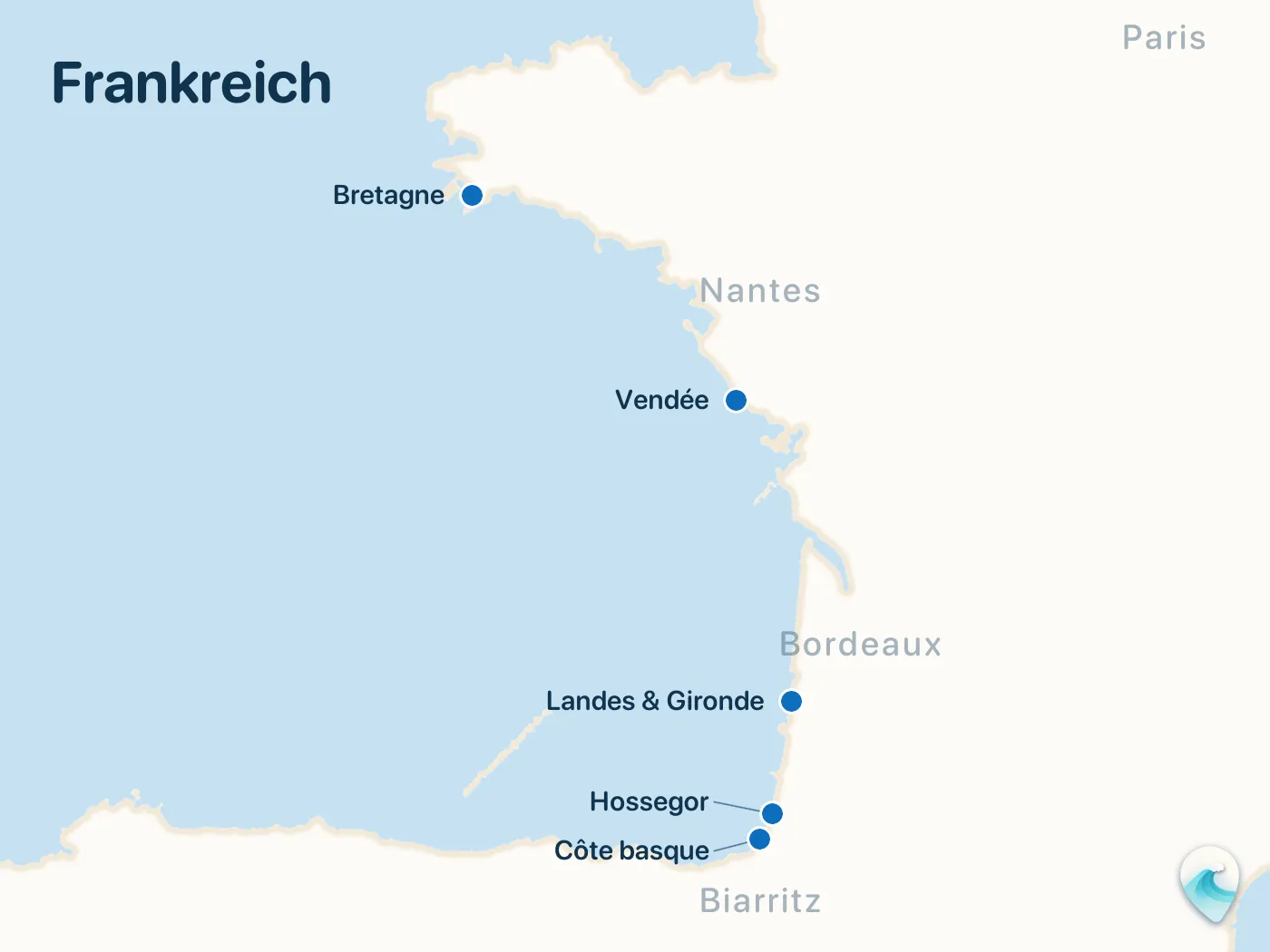 Karte der Surfspots aus dem Guide Frankreich, mit nummerierten Markierungen