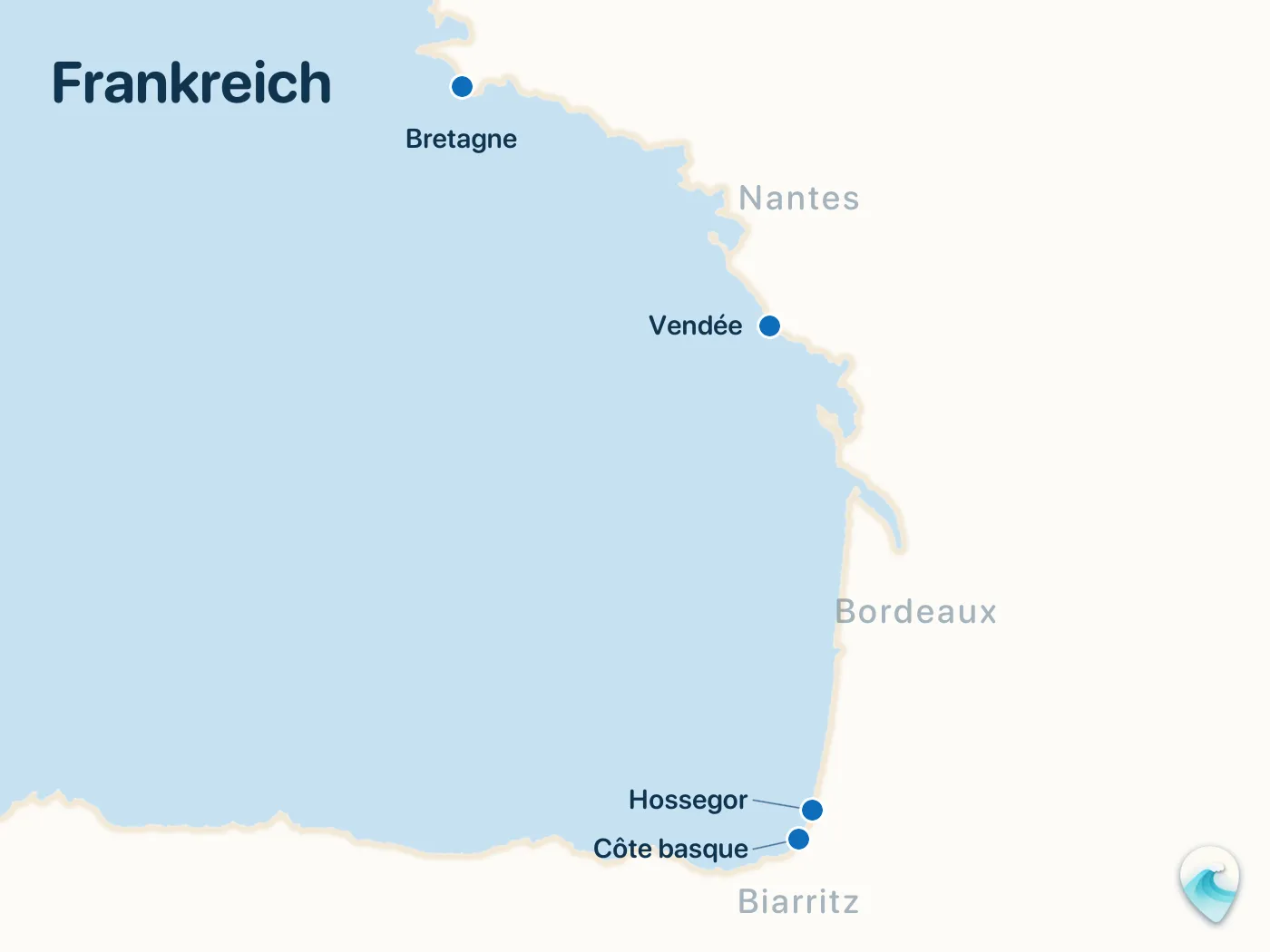 Karte der Surfspots aus dem Guide Frankreich, mit nummerierten Markierungen