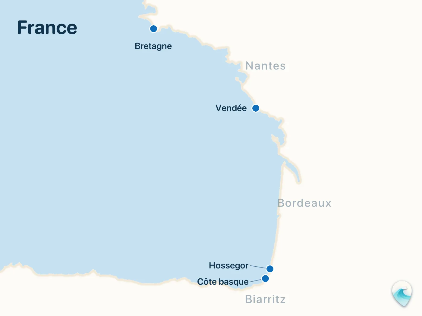 Map of the France surf spots described in this guide, with numbered markers