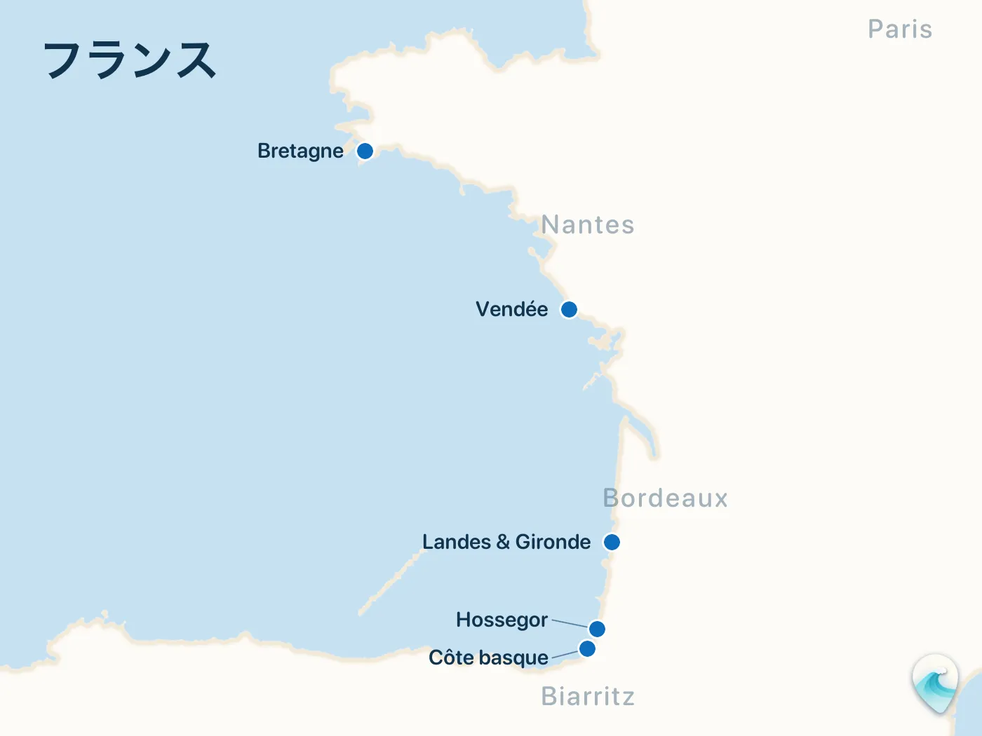 フランスガイドのサーフスポット地図(番号つき)