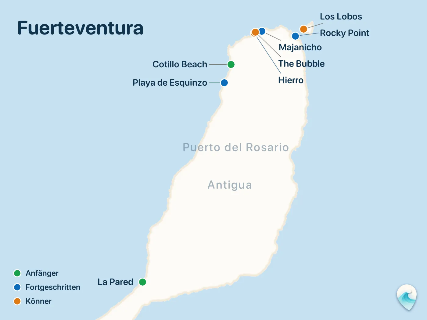 Karte der Surfspots aus dem Guide Fuerteventura, mit nummerierten Markierungen