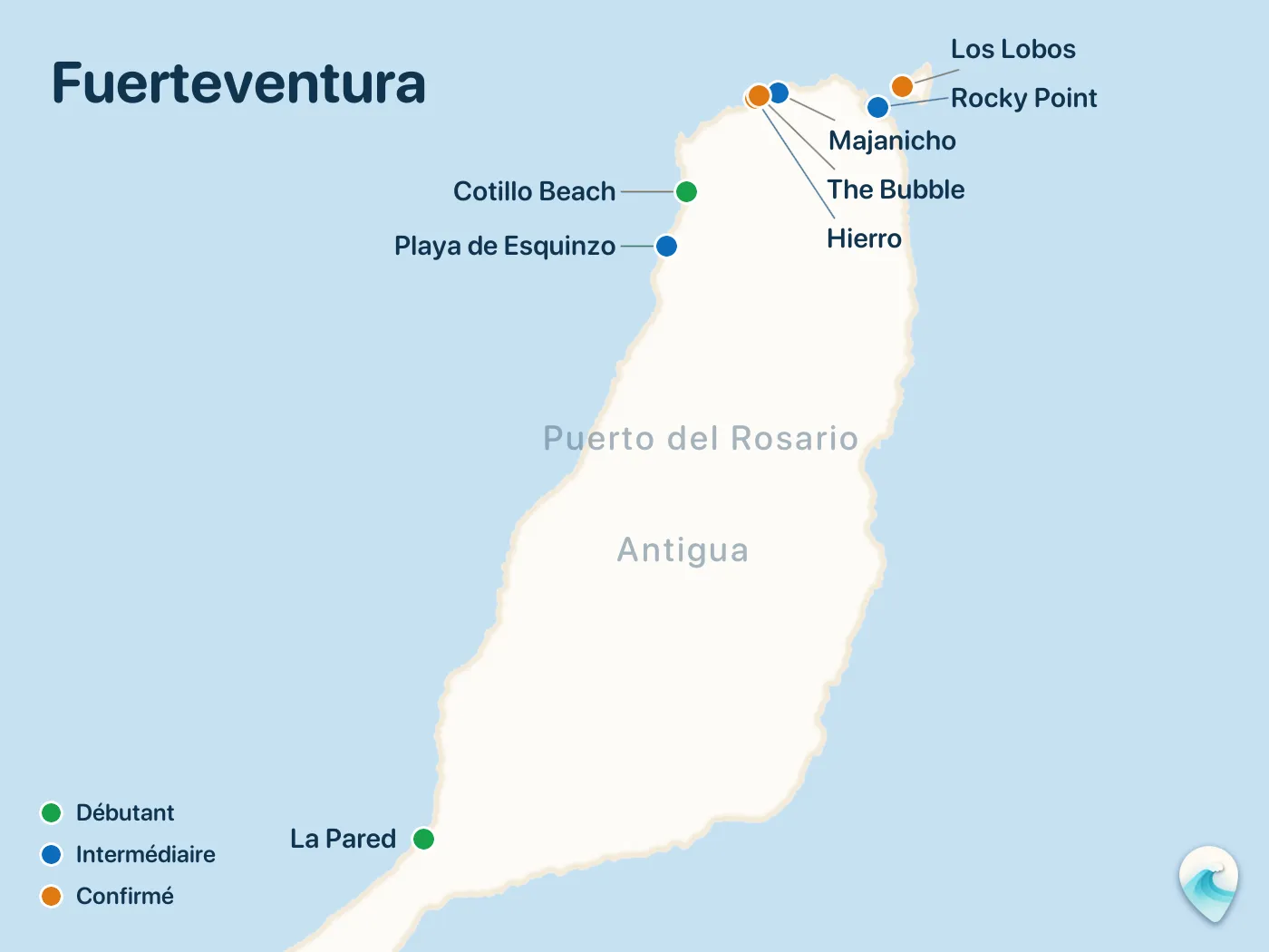 Carte des spots de surf du guide Fuerteventura, avec repères numérotés