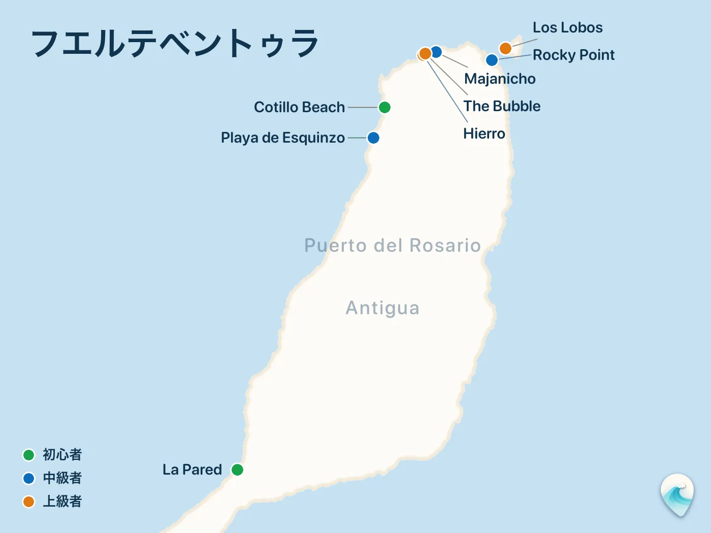 フエルテベントゥラガイドのサーフスポット地図(番号つき)