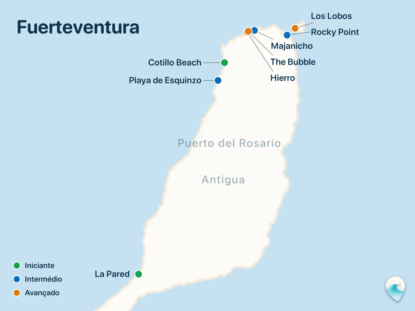 Mapa dos spots de surf do guia Fuerteventura, com marcadores numerados