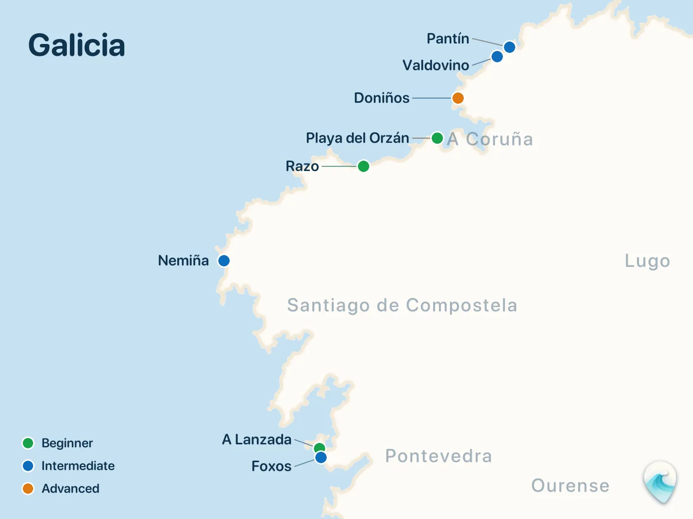 Map of the Galicia surf spots described in this guide, with numbered markers