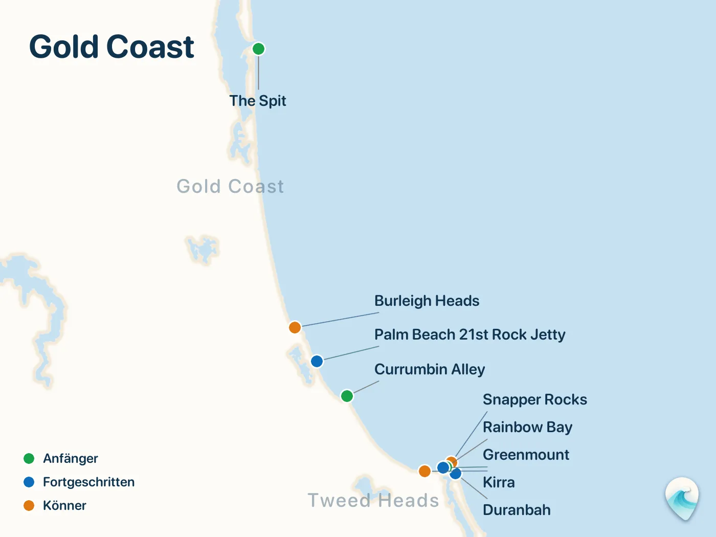 Karte der Surfspots aus dem Guide Gold Coast, mit nummerierten Markierungen