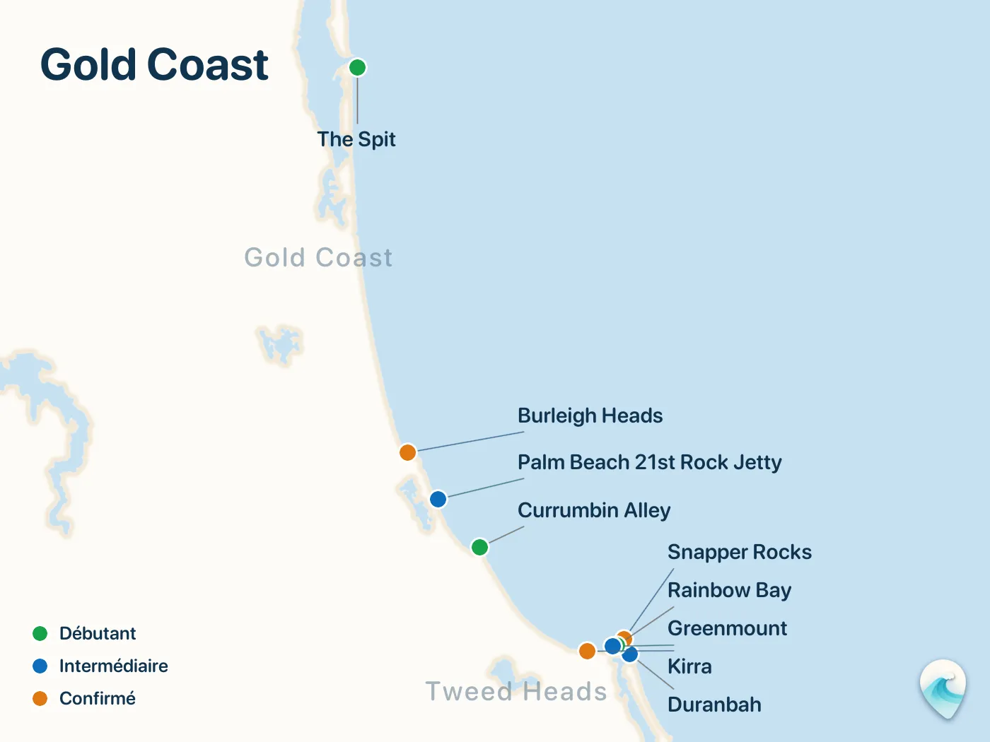 Carte des spots de surf du guide Gold Coast, avec repères numérotés