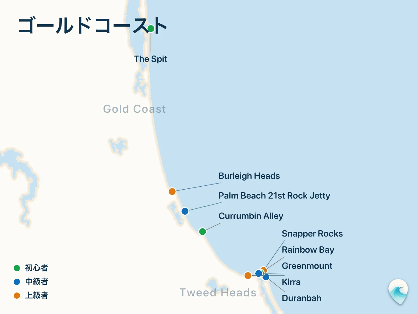 ゴールドコーストガイドのサーフスポット地図(番号つき)