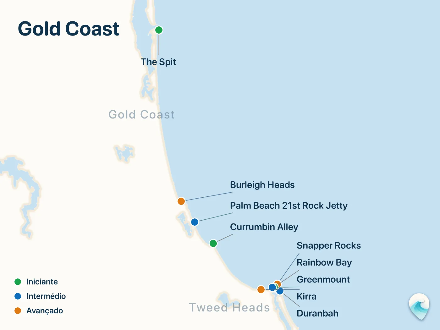 Mapa dos spots de surf do guia Gold Coast, com marcadores numerados