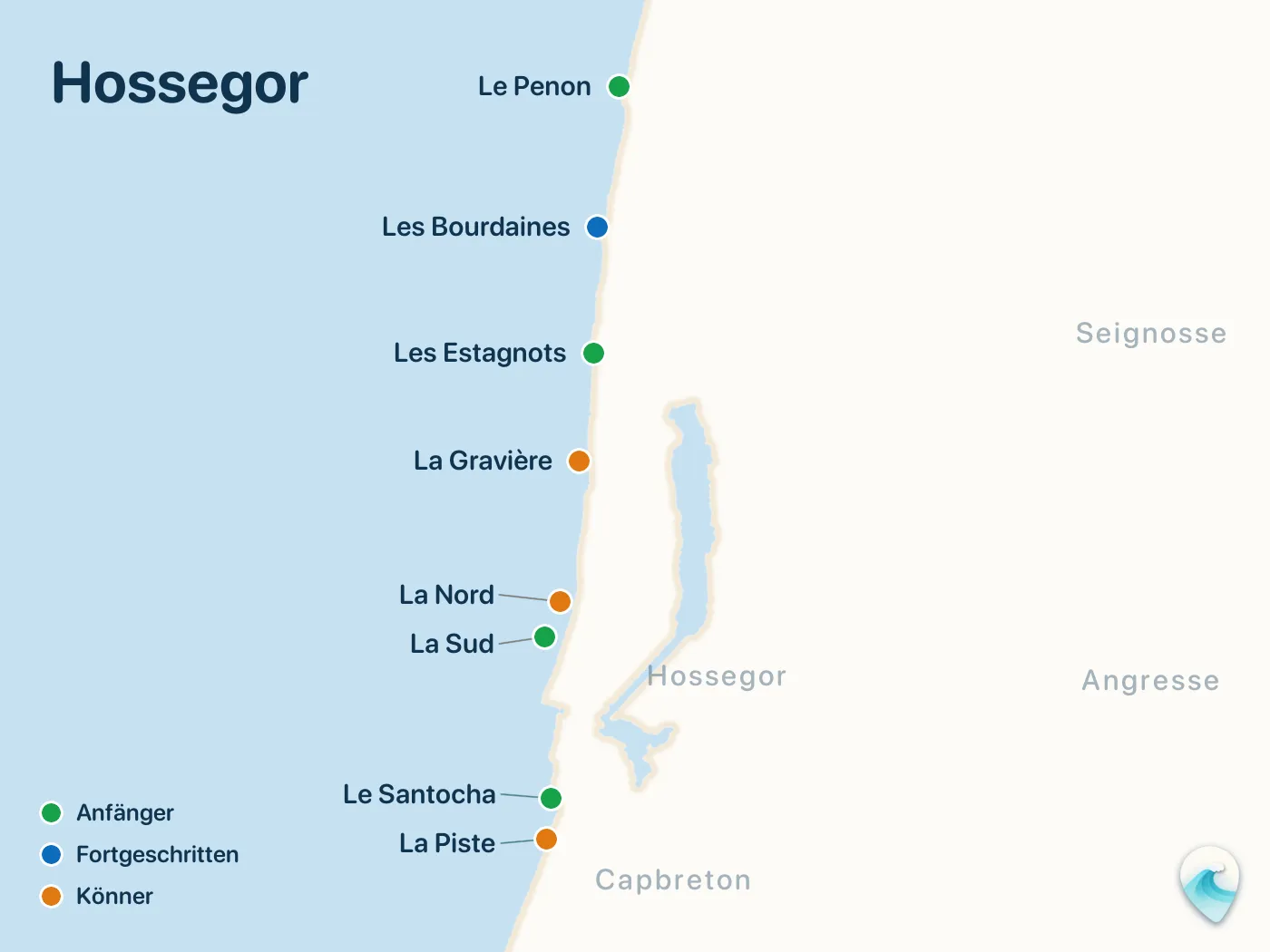 Karte der Surfspots aus dem Guide Hossegor, mit nummerierten Markierungen