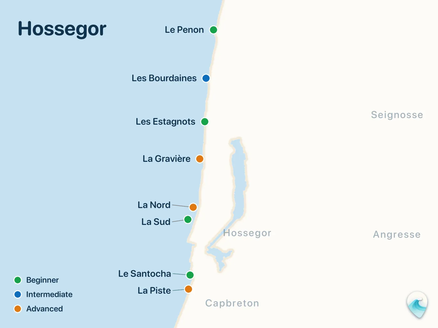 Map of the Hossegor surf spots described in this guide, with numbered markers