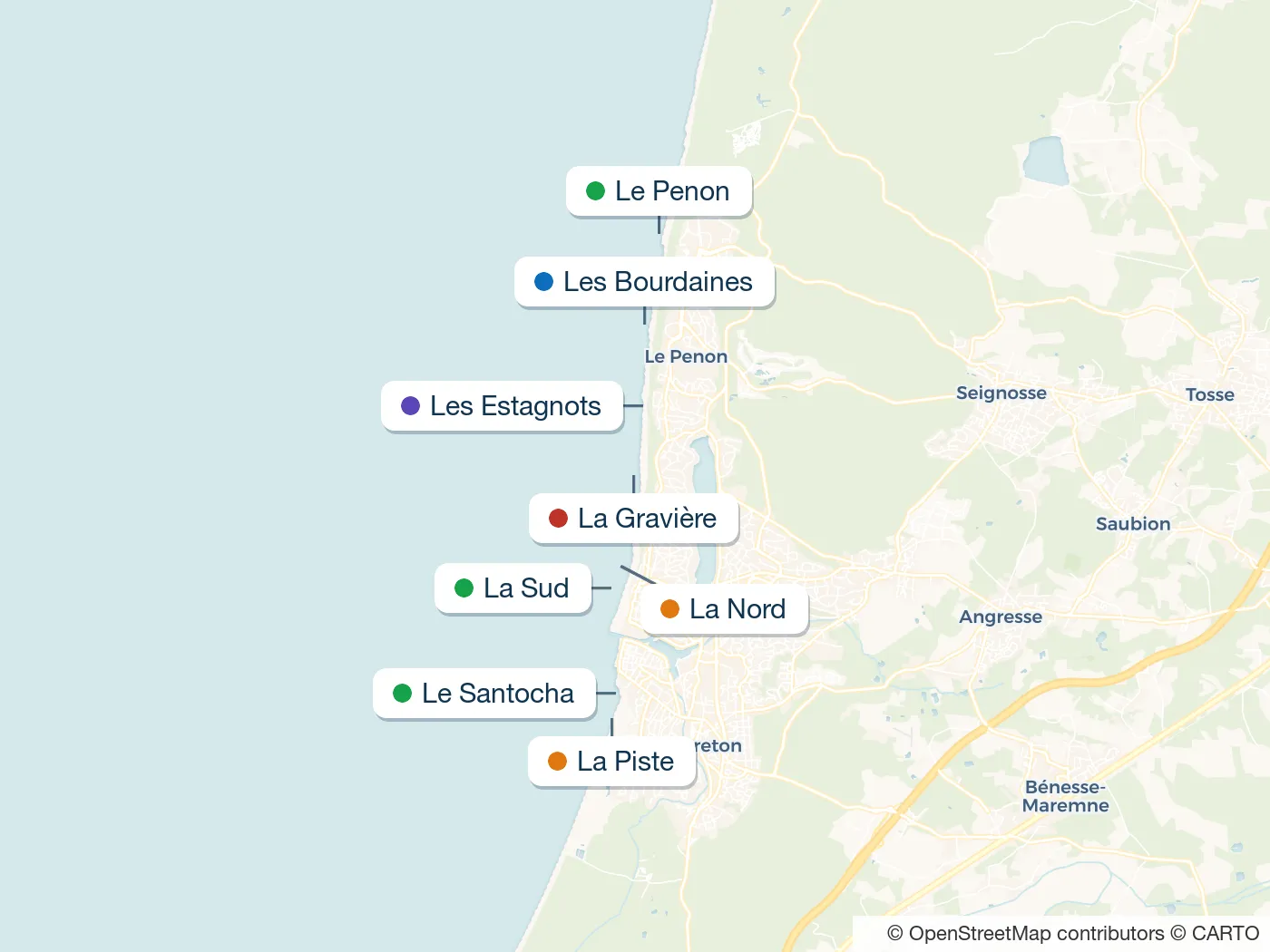 Map of the Hossegor surf spots described in this guide, with numbered markers