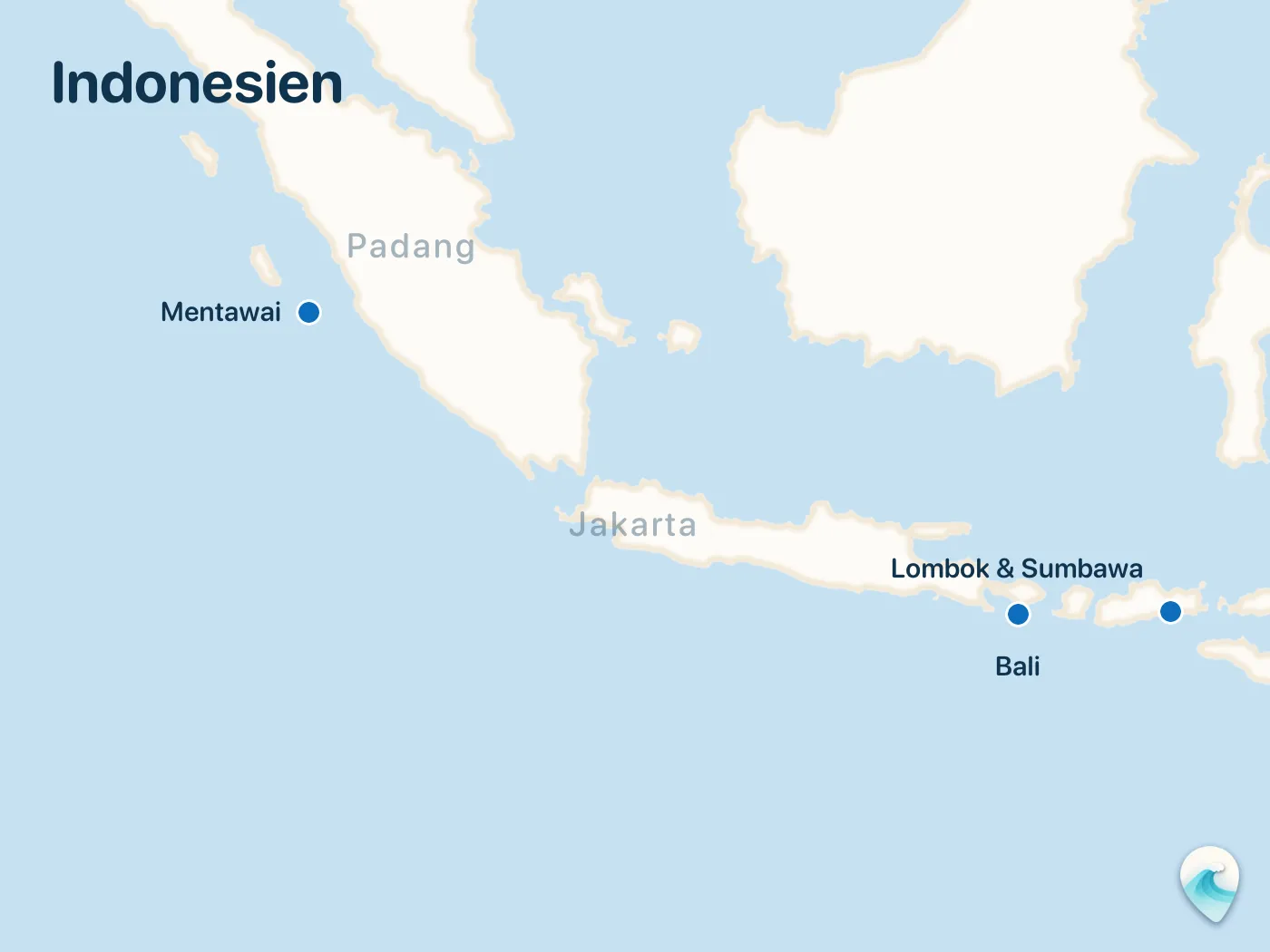 Karte der Surfspots aus dem Guide Indonesien, mit nummerierten Markierungen
