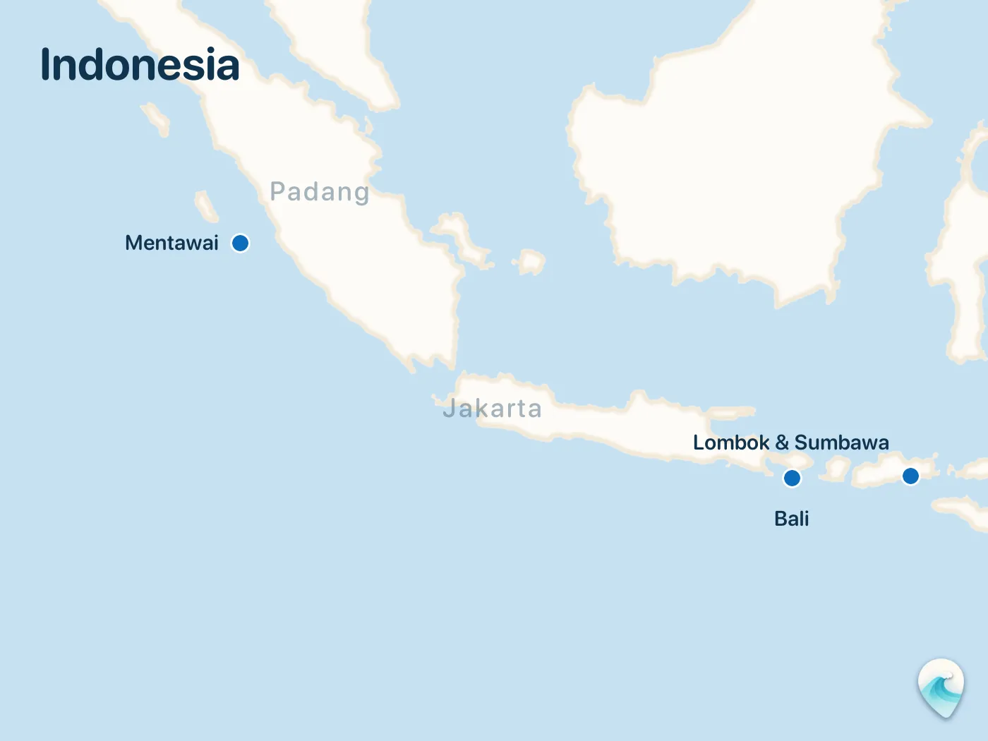 Map of the Indonesia surf spots described in this guide, with numbered markers