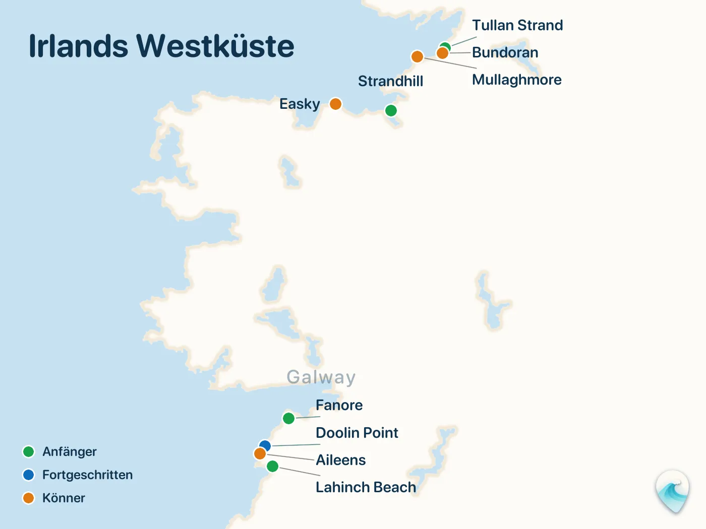 Karte der Surfspots aus dem Guide Irlands Westküste, mit nummerierten Markierungen