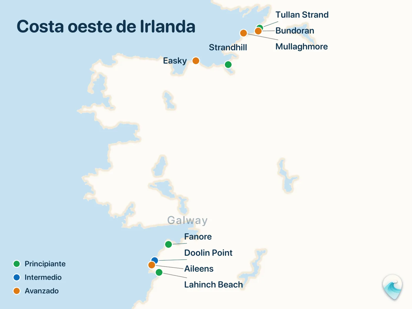 Mapa de los spots de surf de la guía Costa oeste de Irlanda, con marcadores numerados