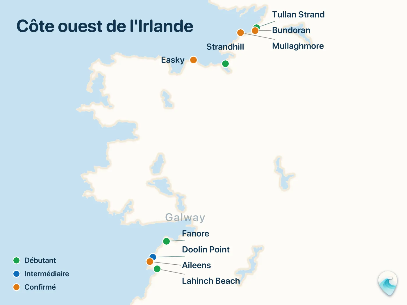 Carte des spots de surf du guide Côte ouest de l'Irlande, avec repères numérotés