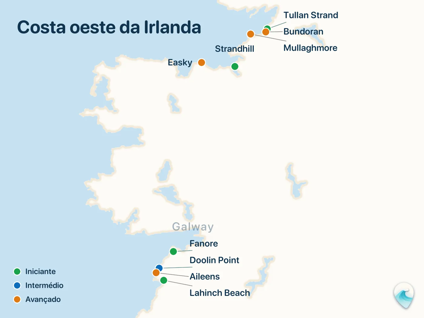 Mapa dos spots de surf do guia Costa oeste da Irlanda, com marcadores numerados