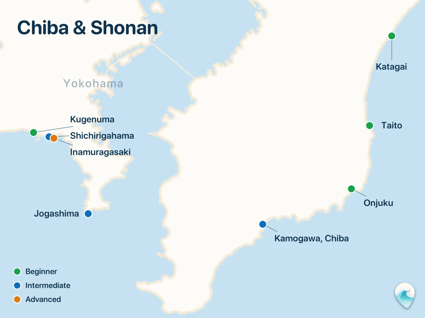 Map of the Chiba & Shonan surf spots described in this guide, with numbered markers