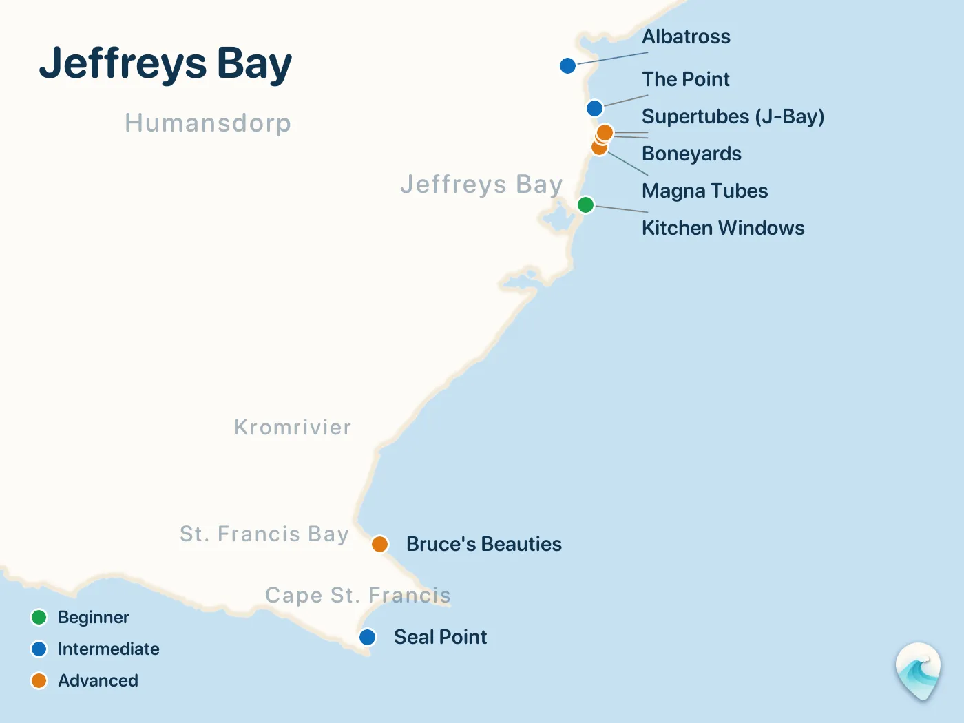 Map of the Jeffreys Bay surf spots described in this guide, with numbered markers