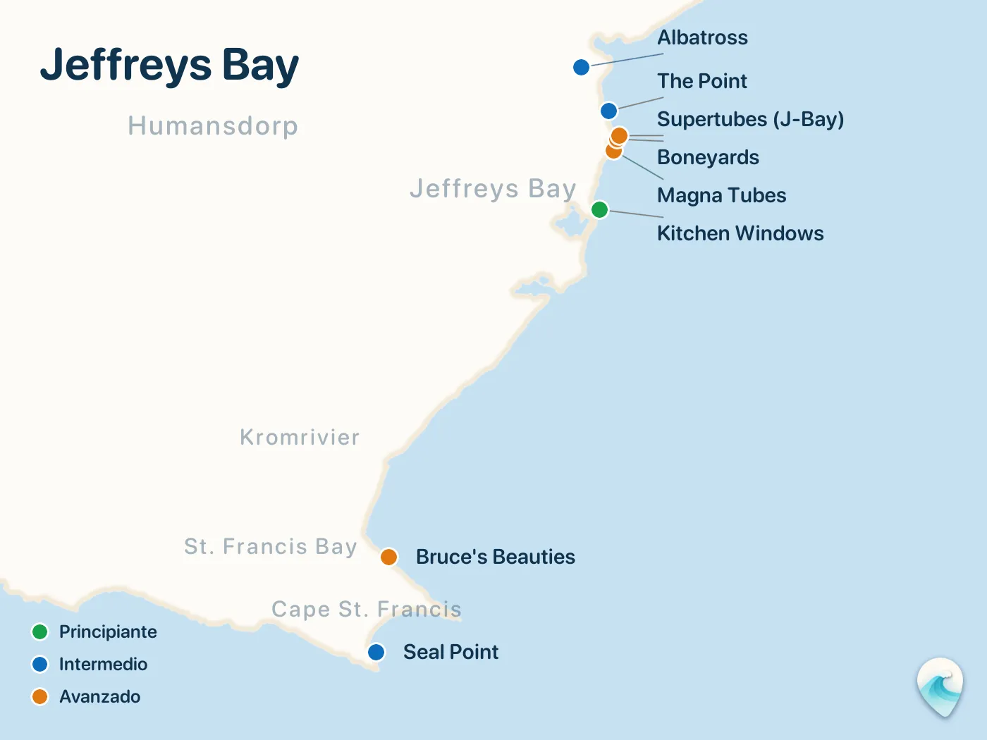 Mapa de los spots de surf de la guía Jeffreys Bay, con marcadores numerados