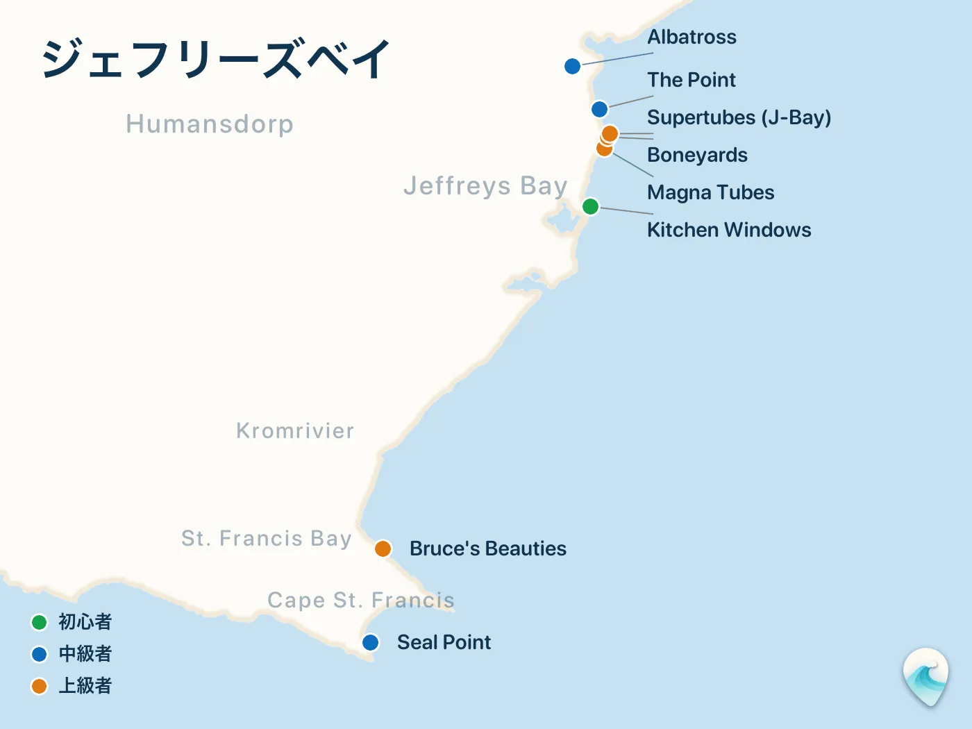 ジェフリーズベイガイドのサーフスポット地図(番号つき)