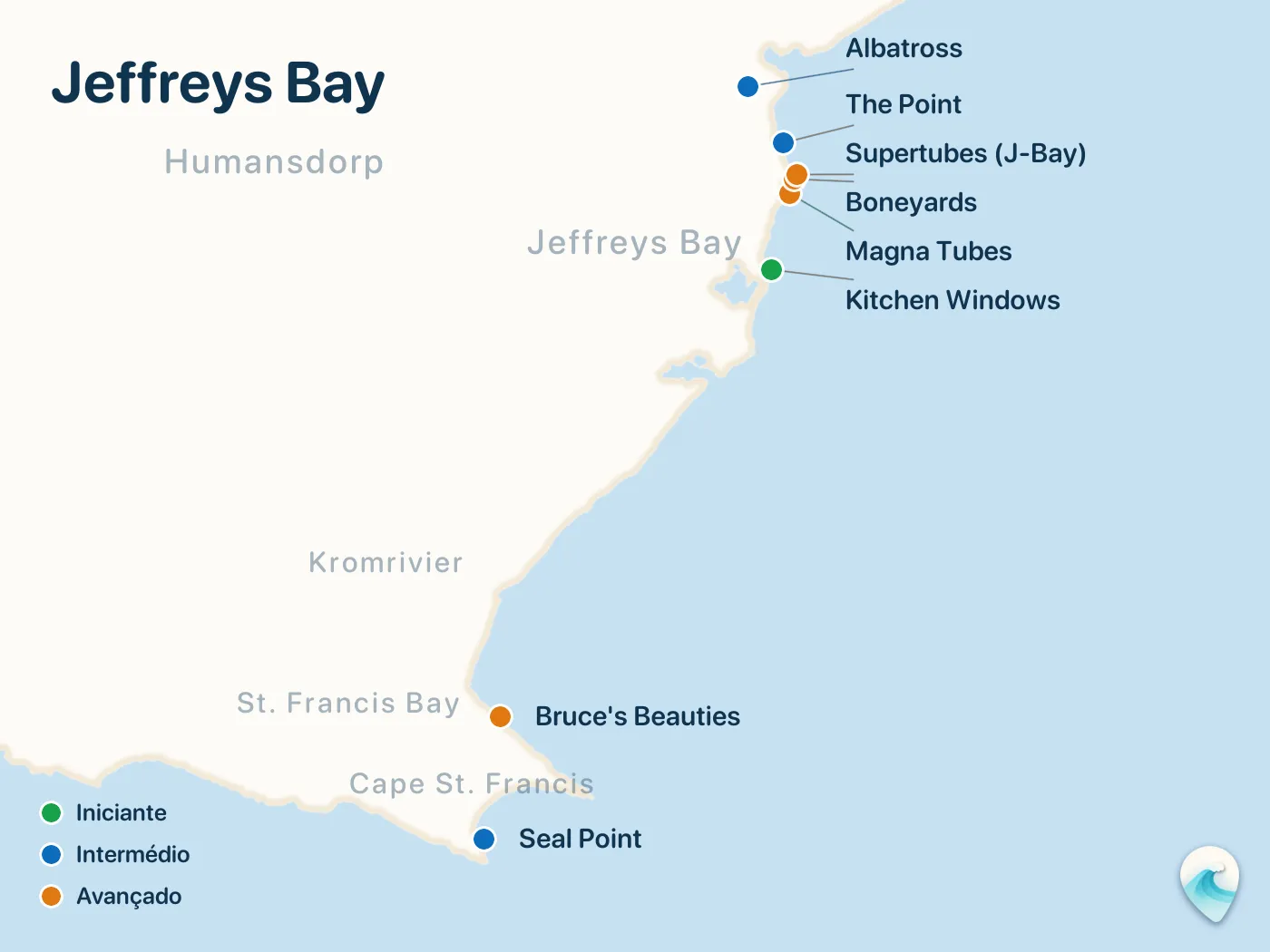Mapa dos spots de surf do guia Jeffreys Bay, com marcadores numerados