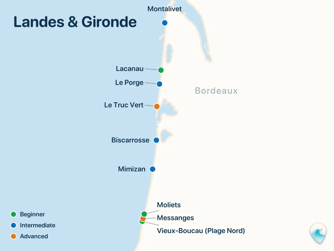 Map of the Landes & Gironde surf spots described in this guide, with numbered markers