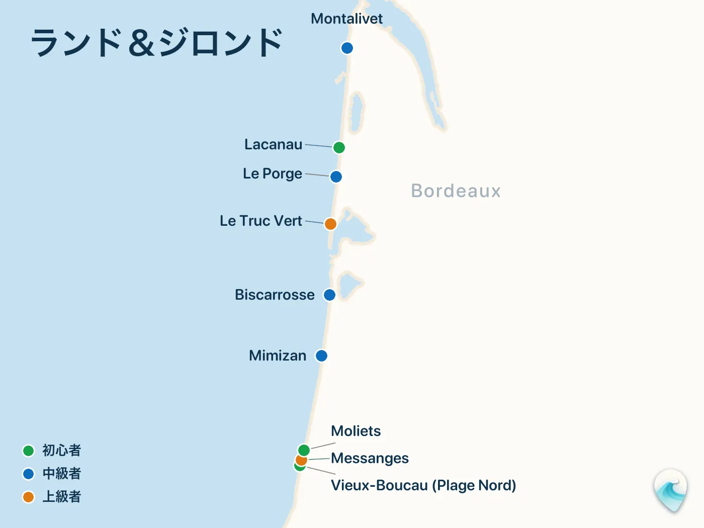 ランド＆ジロンドガイドのサーフスポット地図(番号つき)