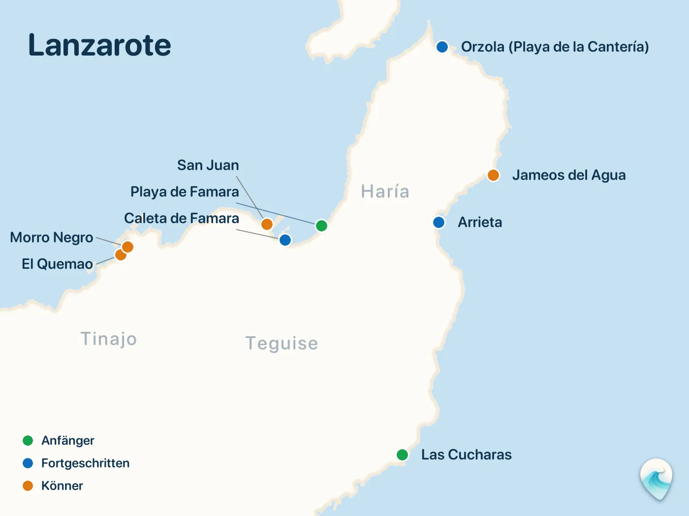 Karte der Surfspots aus dem Guide Lanzarote, mit nummerierten Markierungen