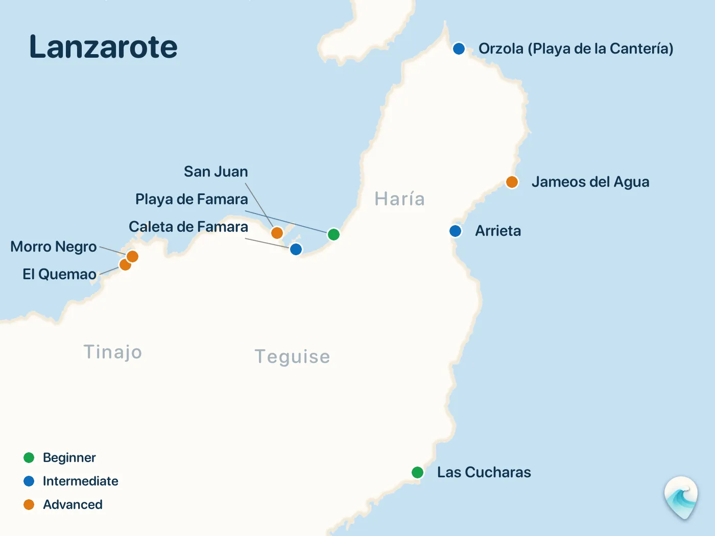 Map of the Lanzarote surf spots described in this guide, with numbered markers