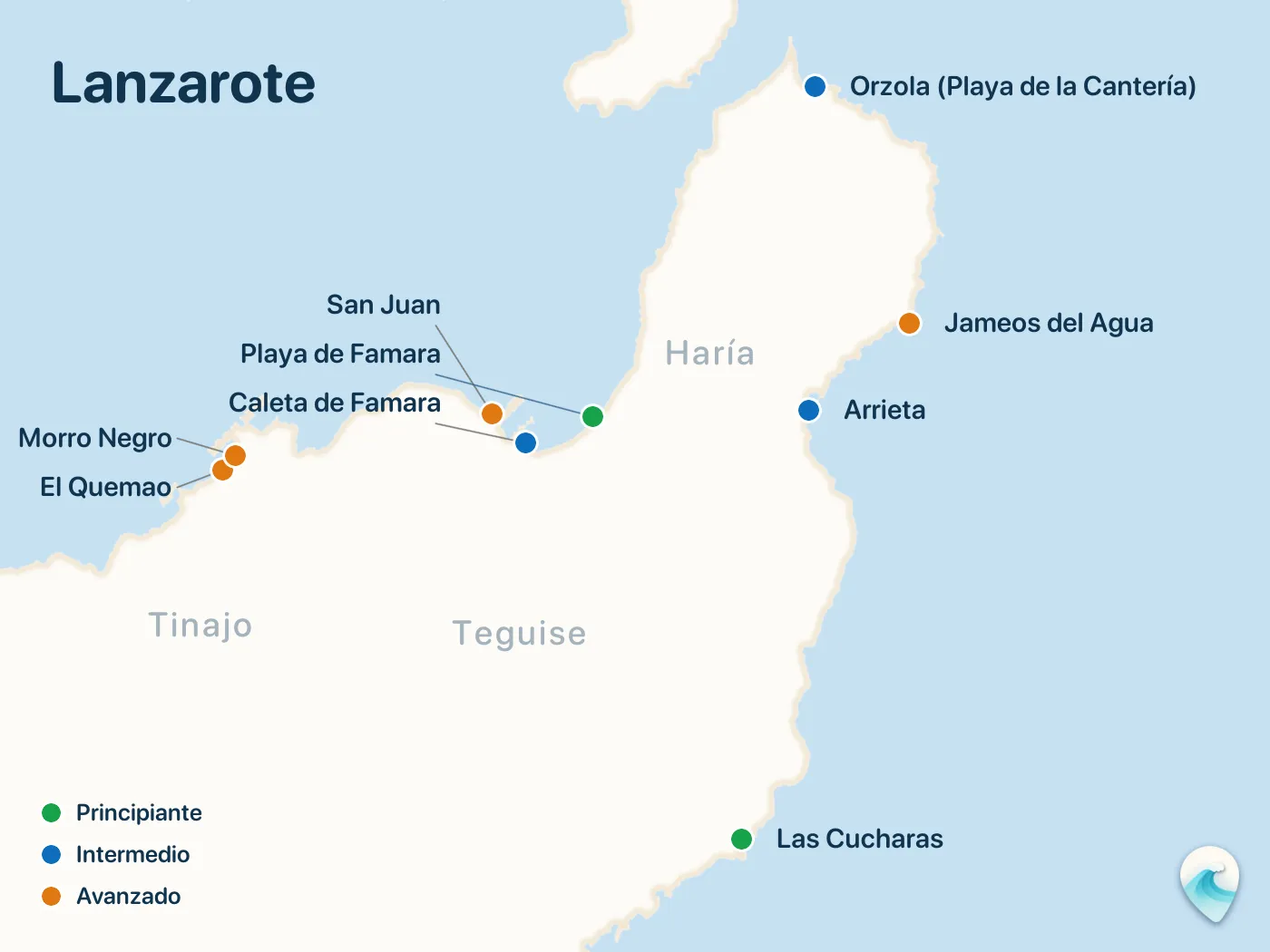 Mapa de los spots de surf de la guía Lanzarote, con marcadores numerados
