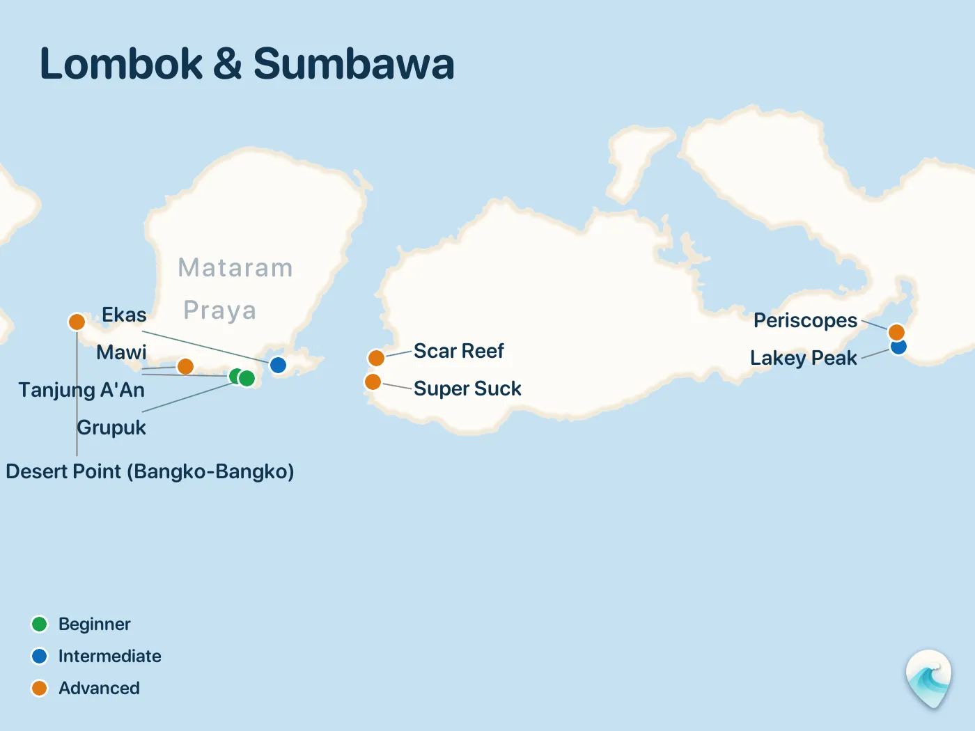 Map of the Lombok & Sumbawa surf spots described in this guide, with numbered markers