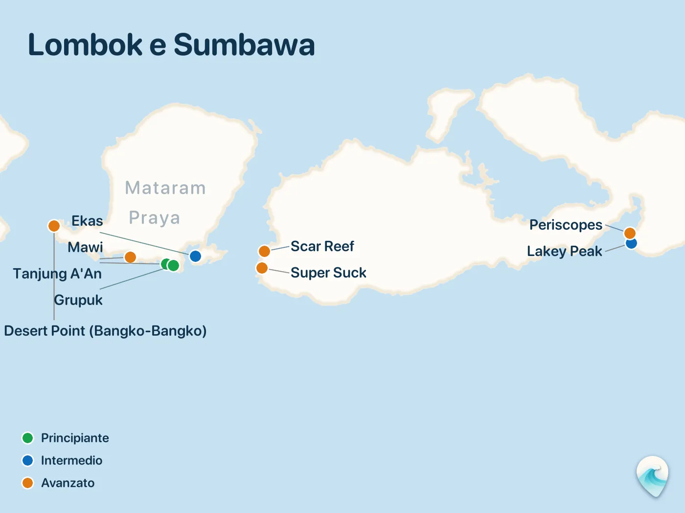 Mappa degli spot di surf della guida Lombok e Sumbawa, con indicatori numerati