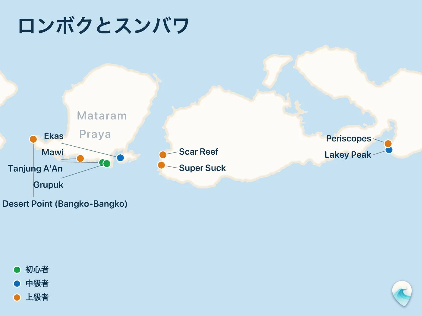 ロンボクとスンバワガイドのサーフスポット地図(番号つき)