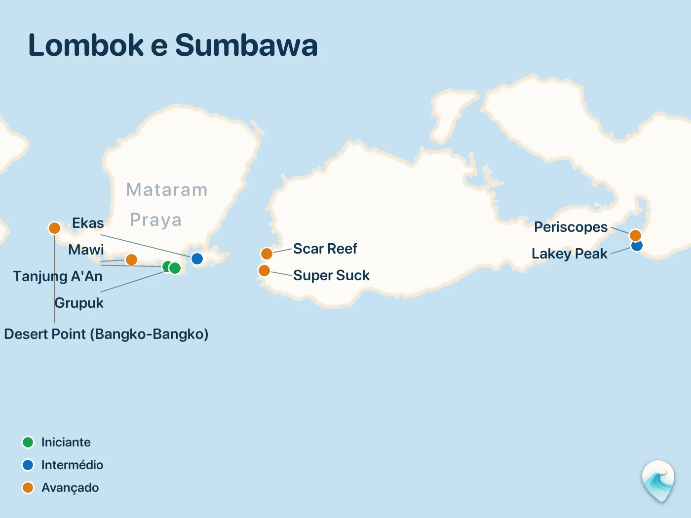 Mapa dos spots de surf do guia Lombok e Sumbawa, com marcadores numerados