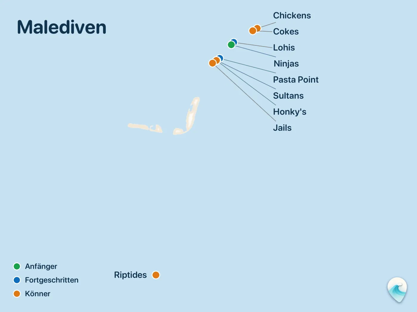Karte der Surfspots aus dem Guide Malediven, mit nummerierten Markierungen