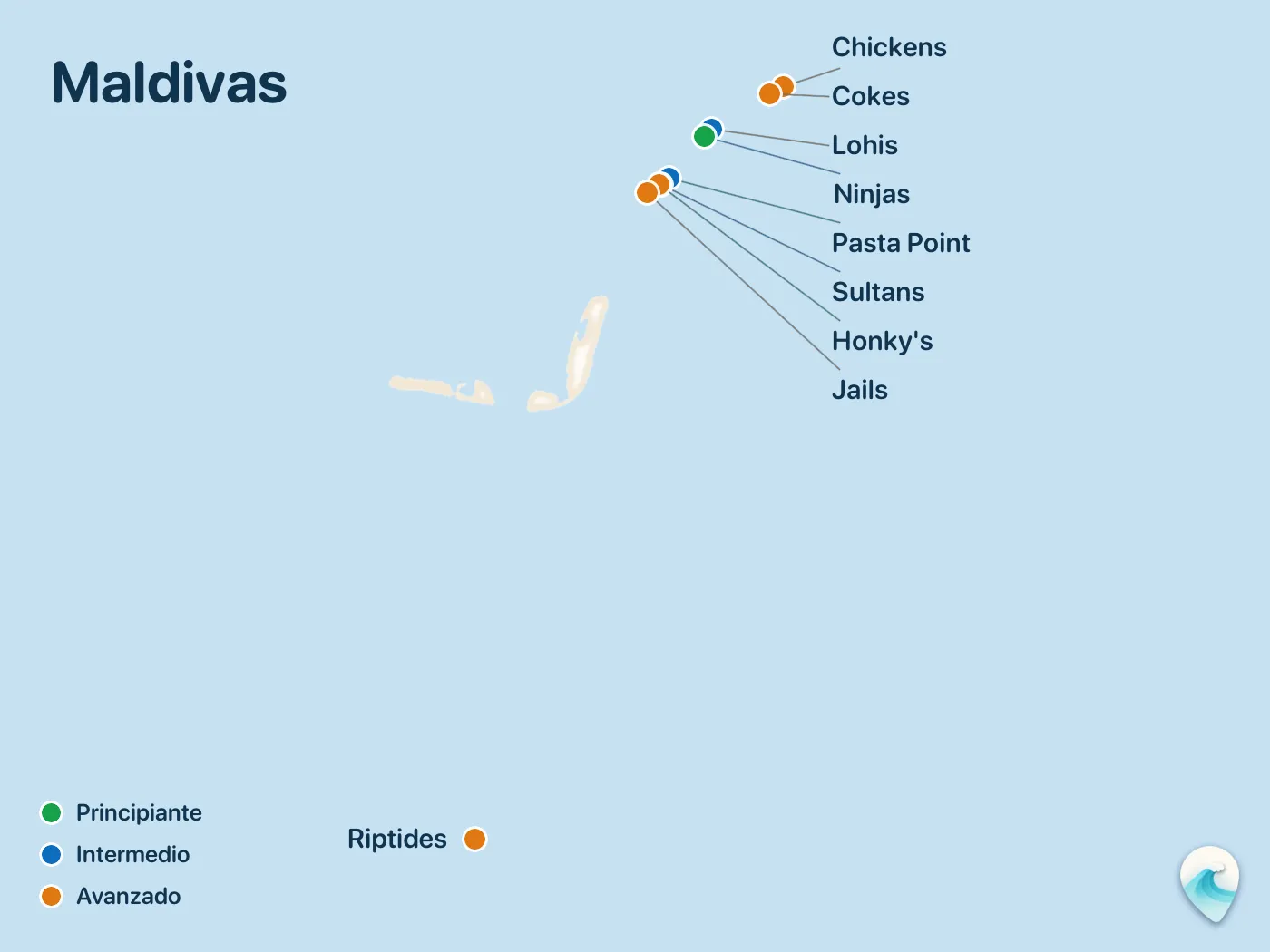 Mapa de los spots de surf de la guía Maldivas, con marcadores numerados