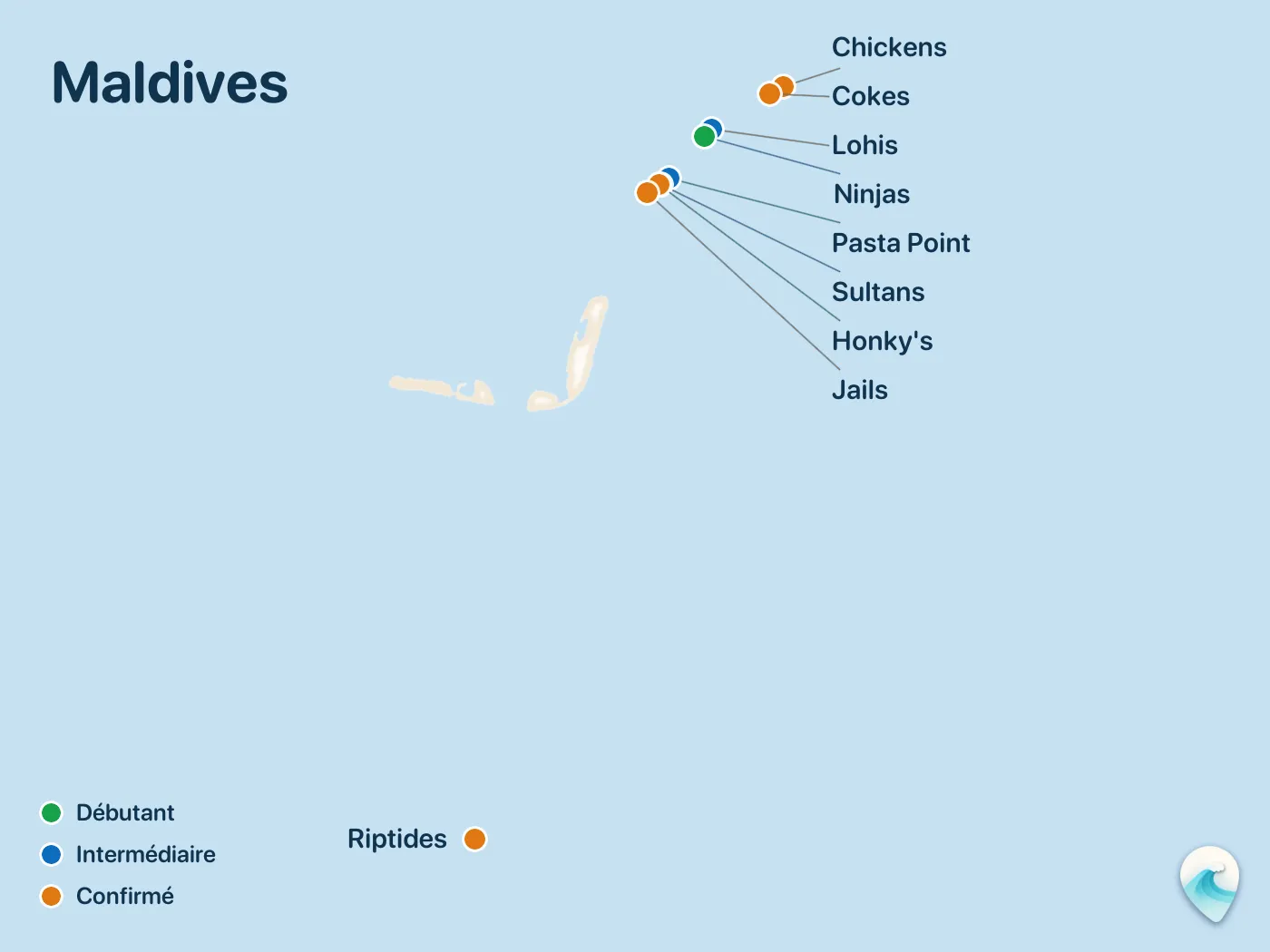 Carte des spots de surf du guide Maldives, avec repères numérotés