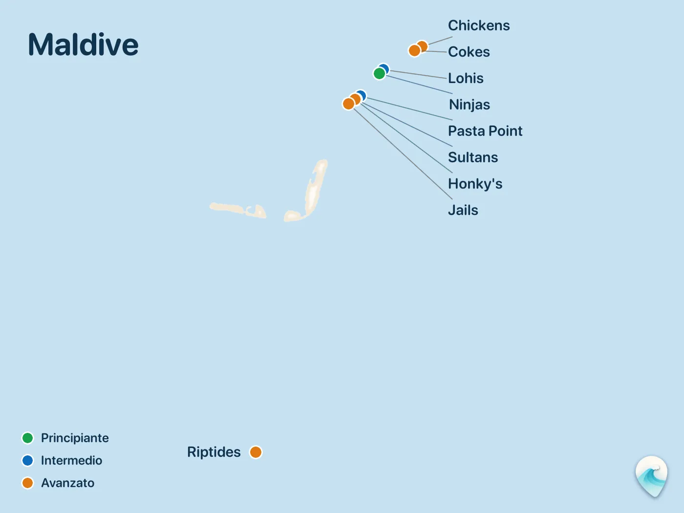 Mappa degli spot di surf della guida Maldive, con indicatori numerati