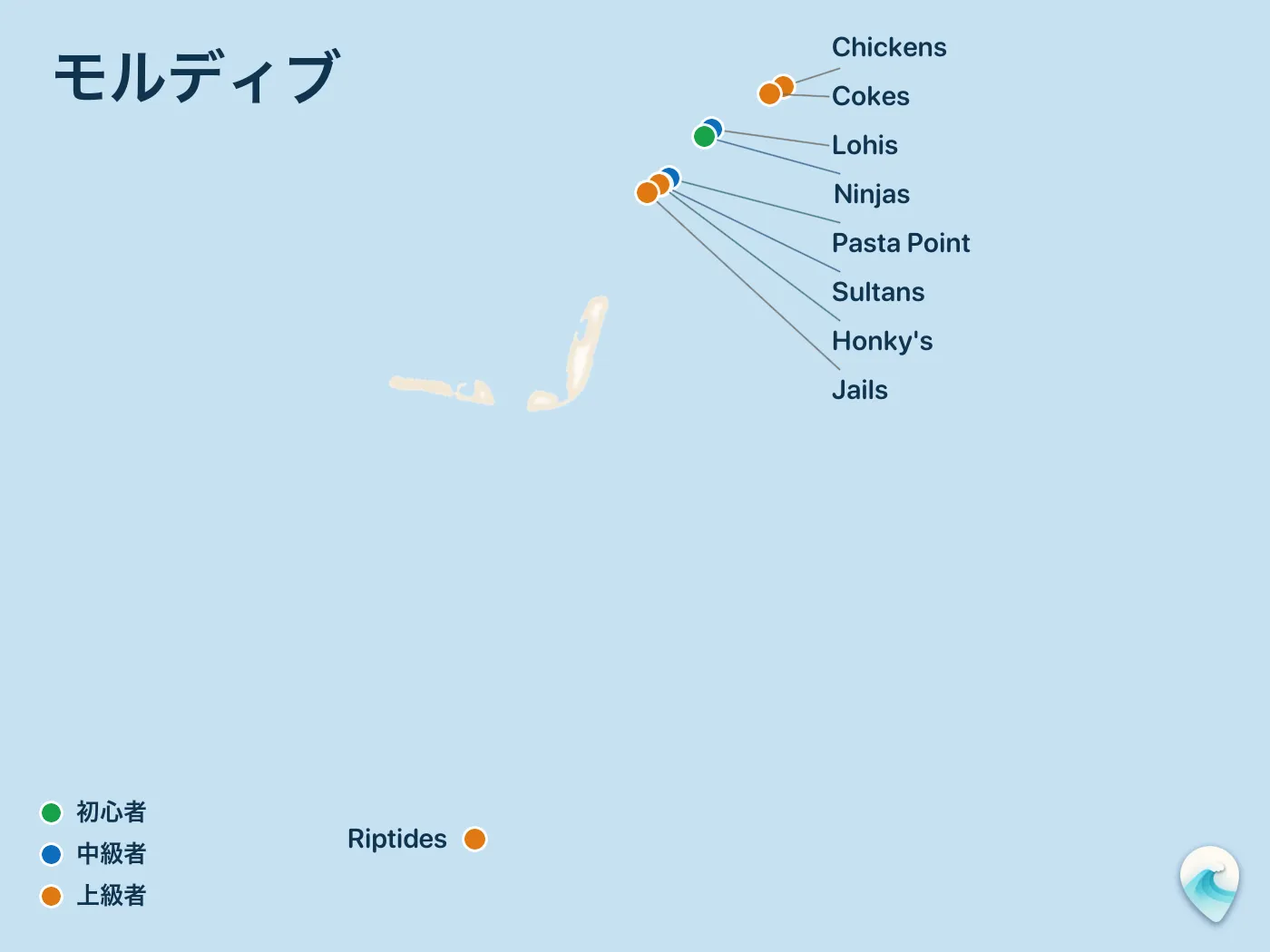 モルディブガイドのサーフスポット地図(番号つき)