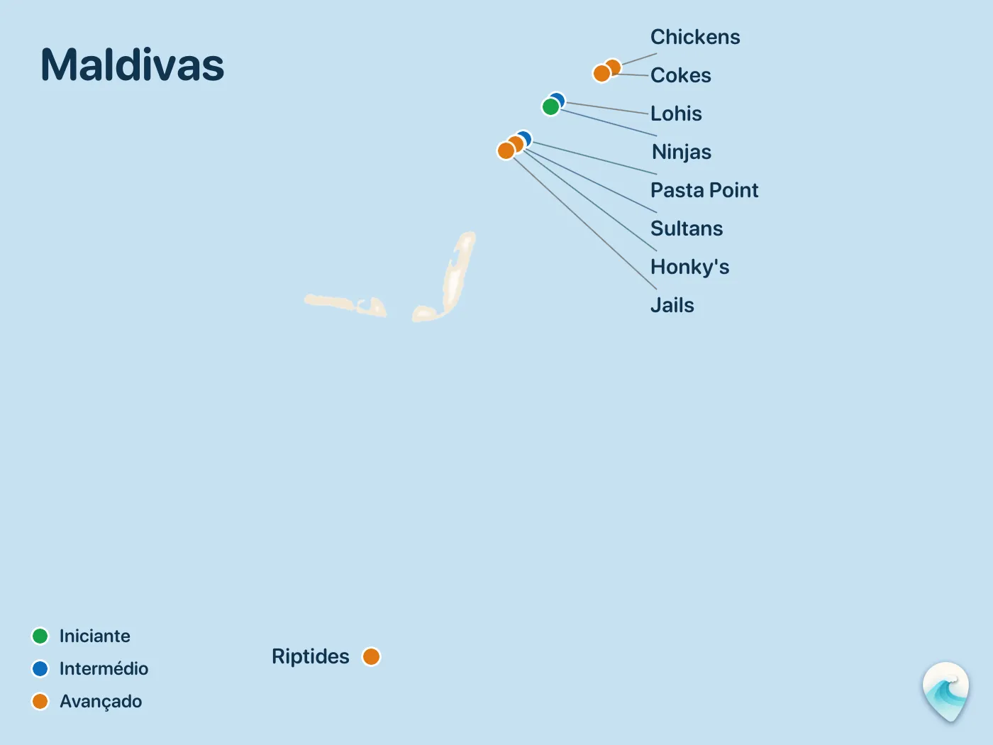 Mapa dos spots de surf do guia Maldivas, com marcadores numerados