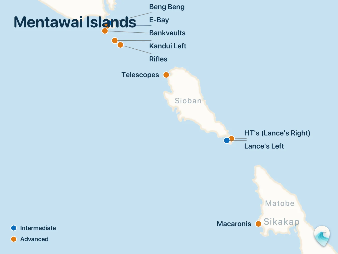 Map of the Mentawai Islands surf spots described in this guide, with numbered markers