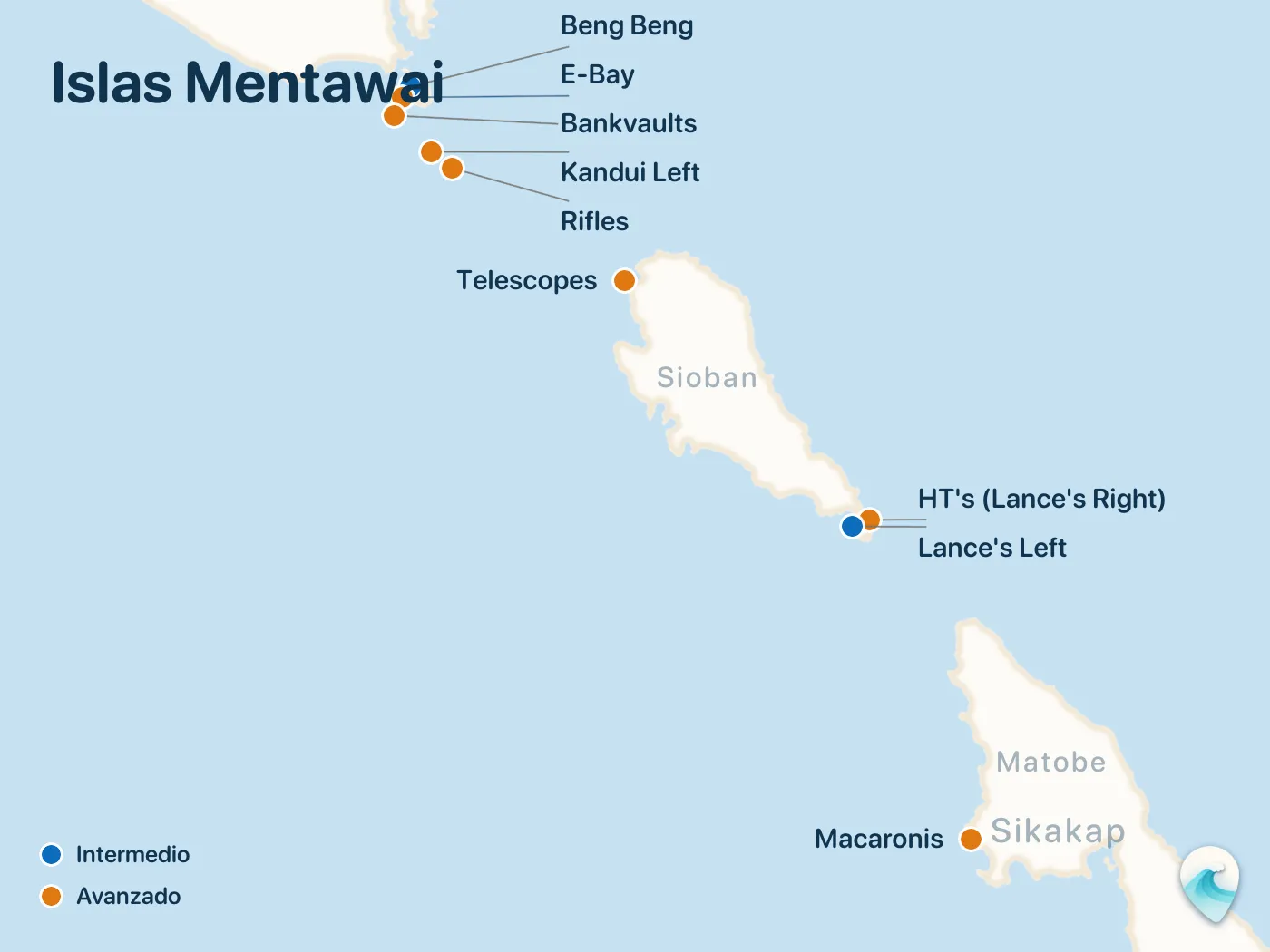 Mapa de los spots de surf de la guía Islas Mentawai, con marcadores numerados
