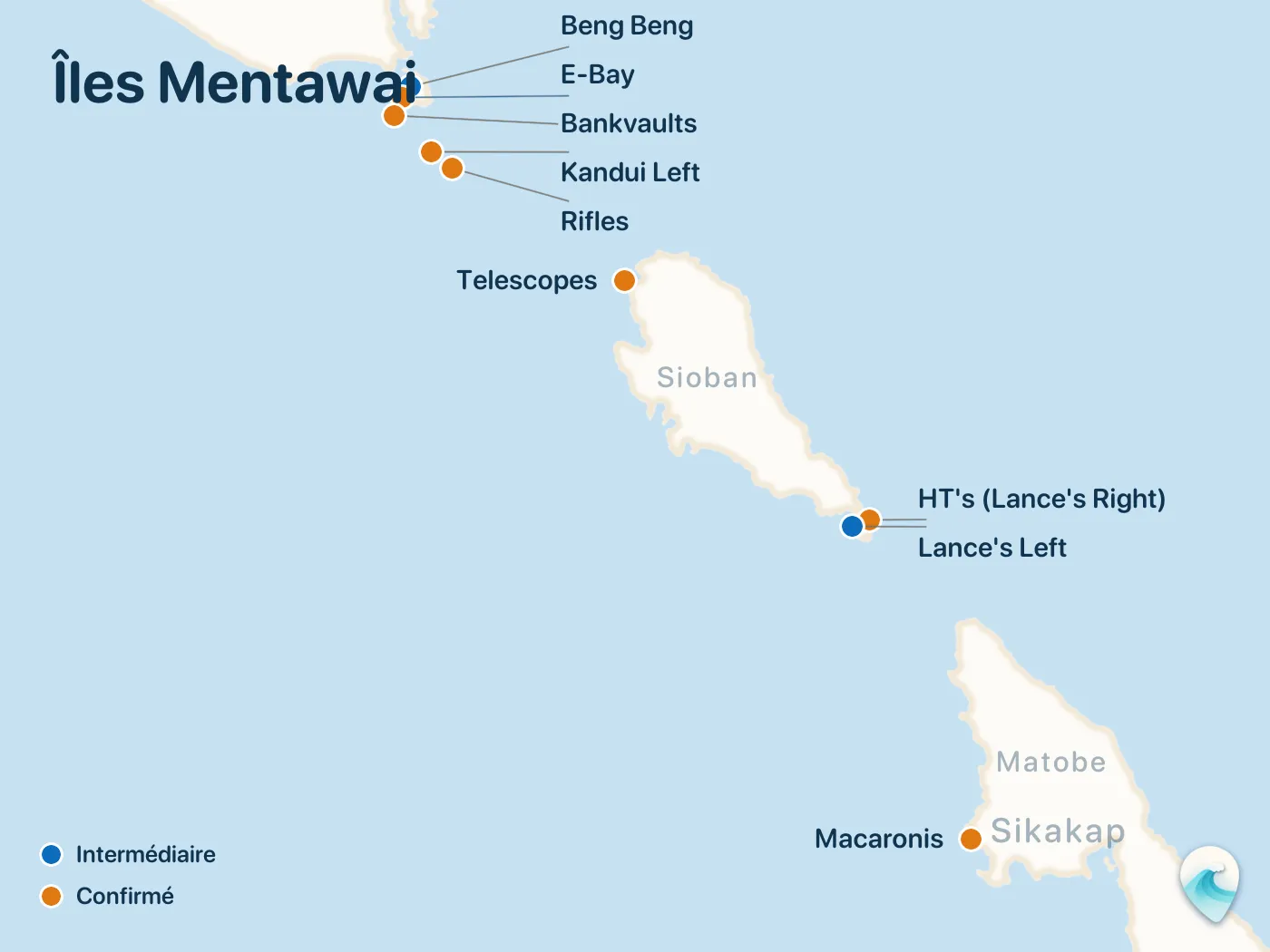 Carte des spots de surf du guide Îles Mentawai, avec repères numérotés