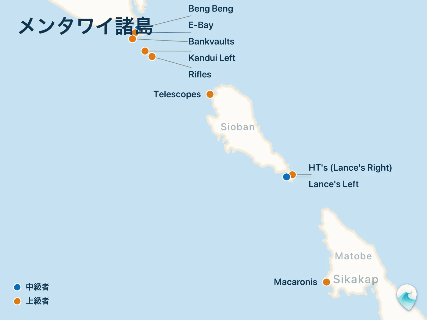 メンタワイ諸島ガイドのサーフスポット地図(番号つき)