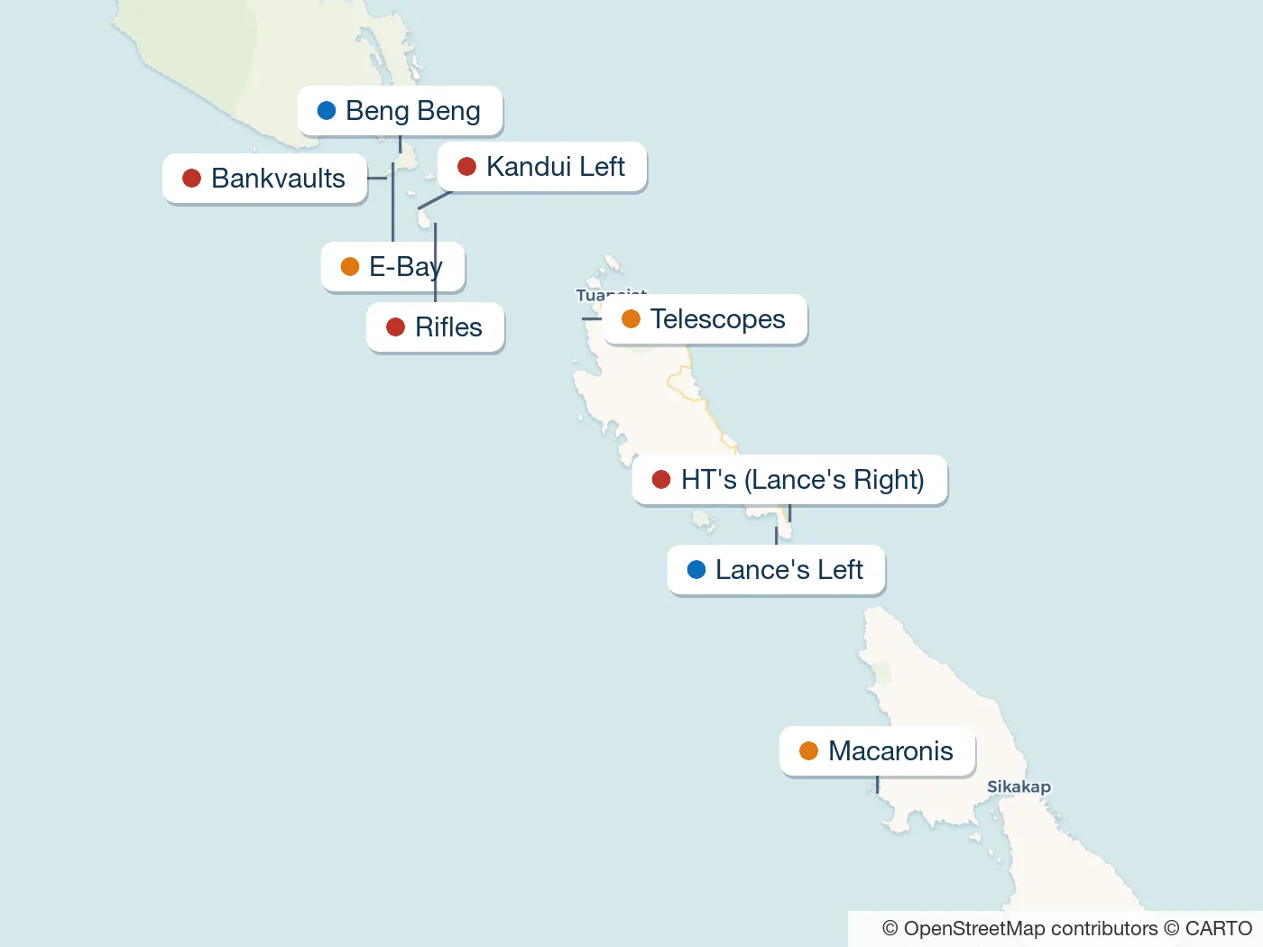 Map of the Mentawai Islands surf spots described in this guide, with numbered markers