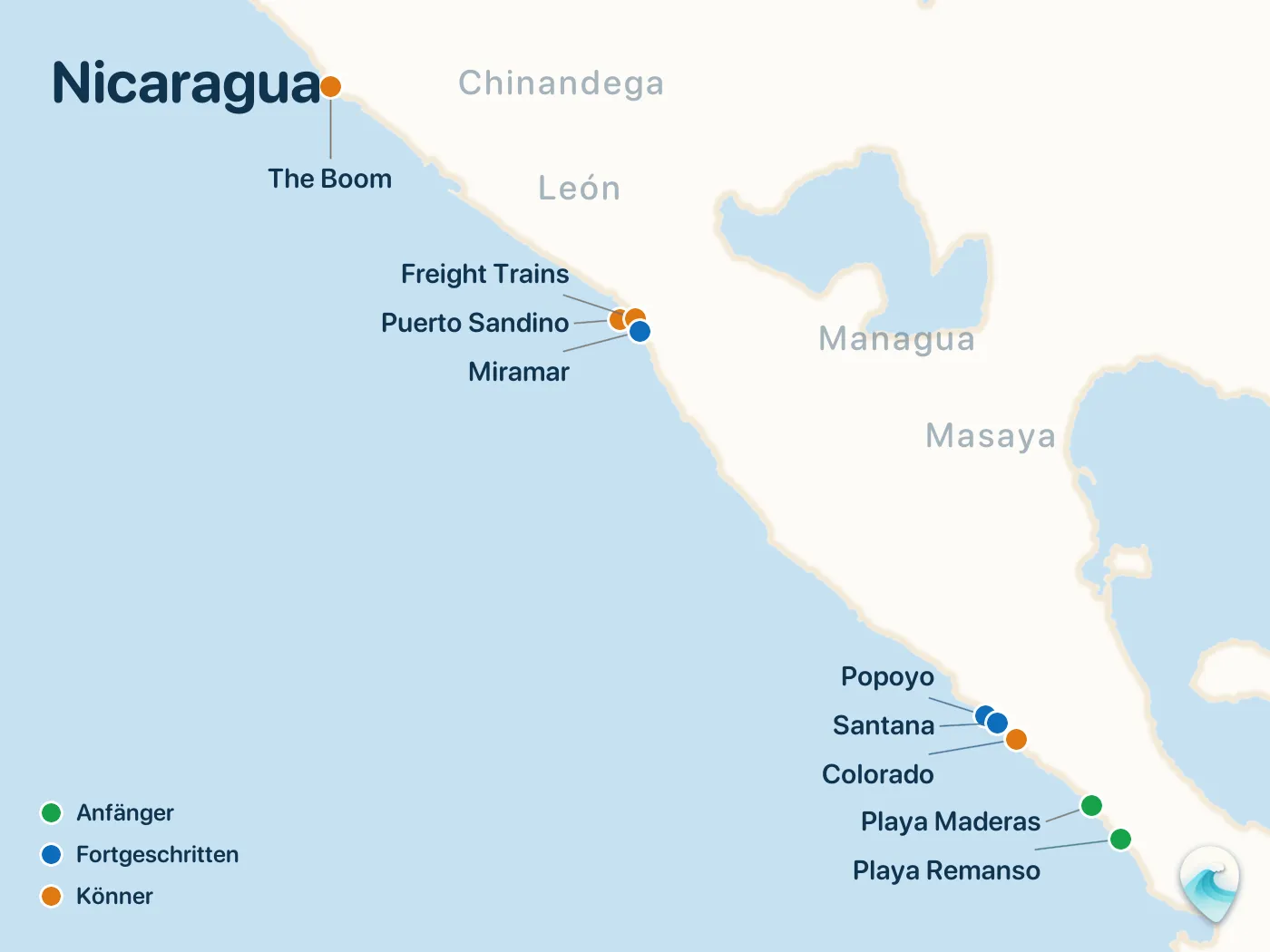 Karte der Surfspots aus dem Guide Nicaragua, mit nummerierten Markierungen