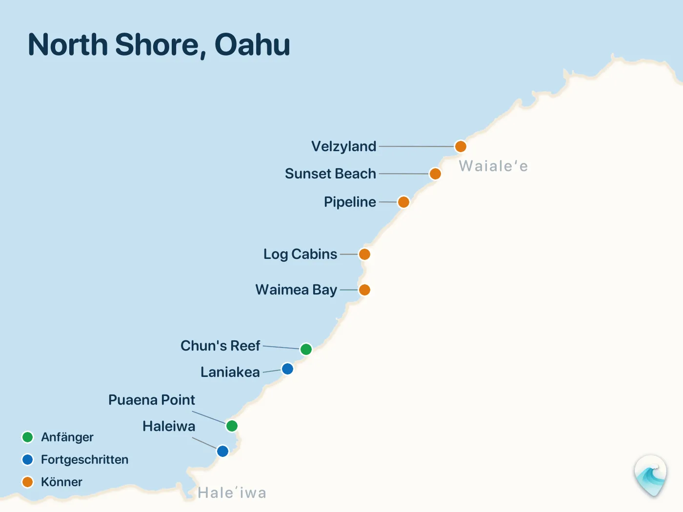 Karte der Surfspots aus dem Guide North Shore, Oahu, mit nummerierten Markierungen