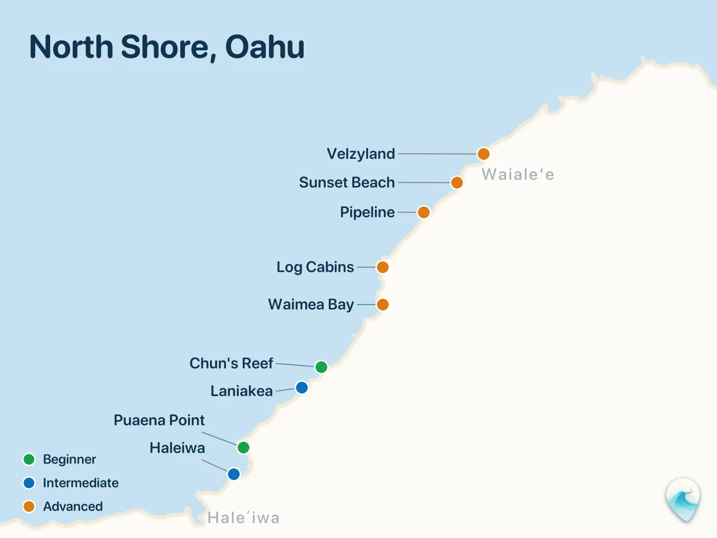 Map of the North Shore, Oahu surf spots described in this guide, with numbered markers